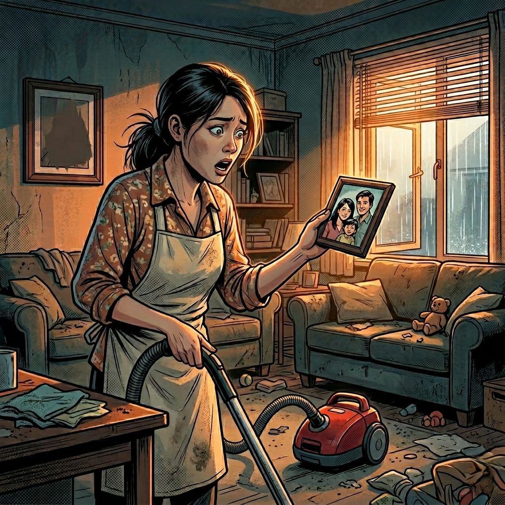 Estaba limpiando la casa y, sin querer, se me cayó un marco de fotos familiar. Cuando lo recogí, me quedé atónita… La persona que aparecía junto a mi marido en la foto no era yo.