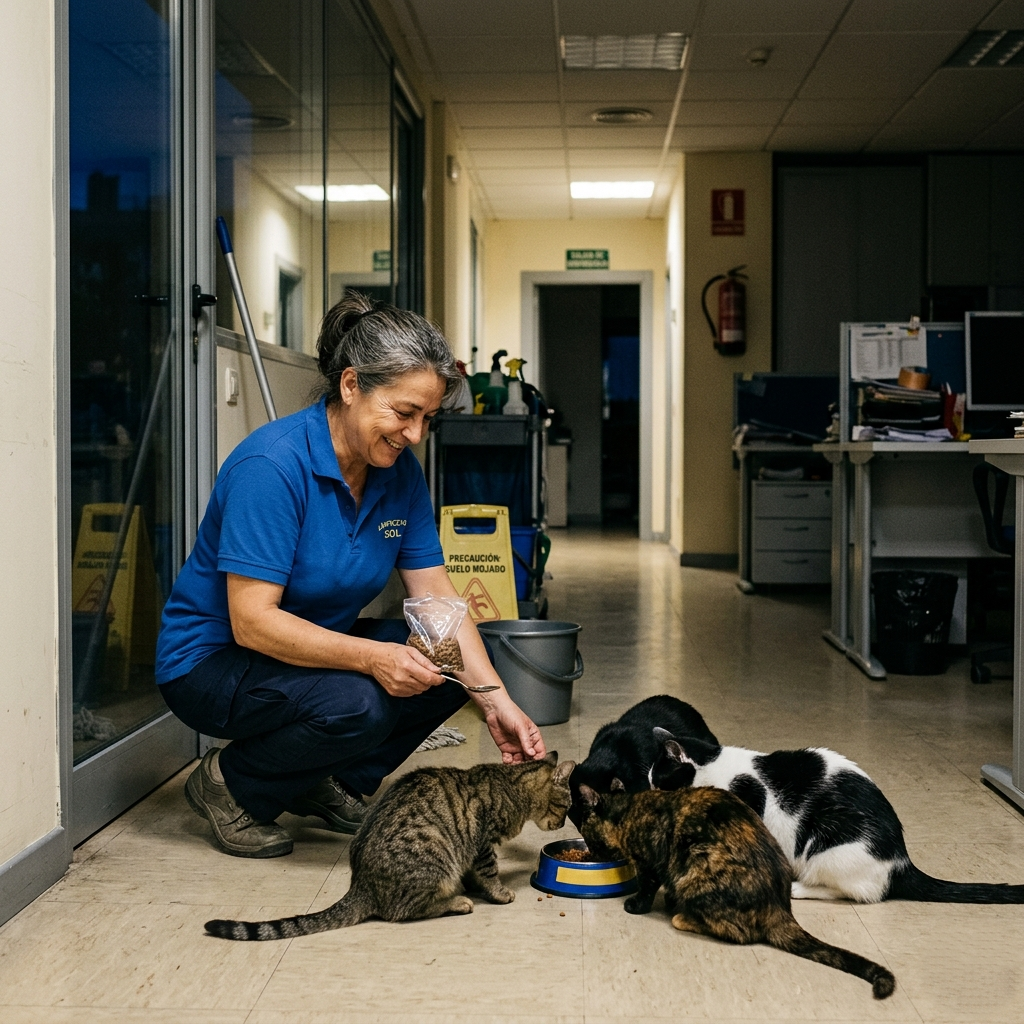 La señora de limpieza alimentaba a los gatos de la empresa todas las noches… hasta que una de esas noches descubrió algo que nadie más debía ver.