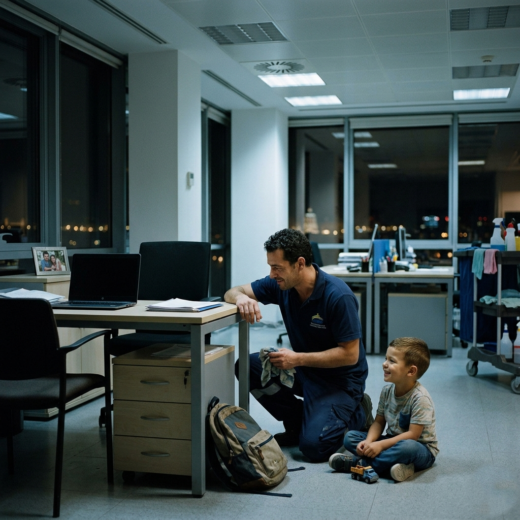 El padre soltero que limpiaba oficinas de noche… hasta que salvó un sistema millonario y nadie podía creer quién era en realidad.